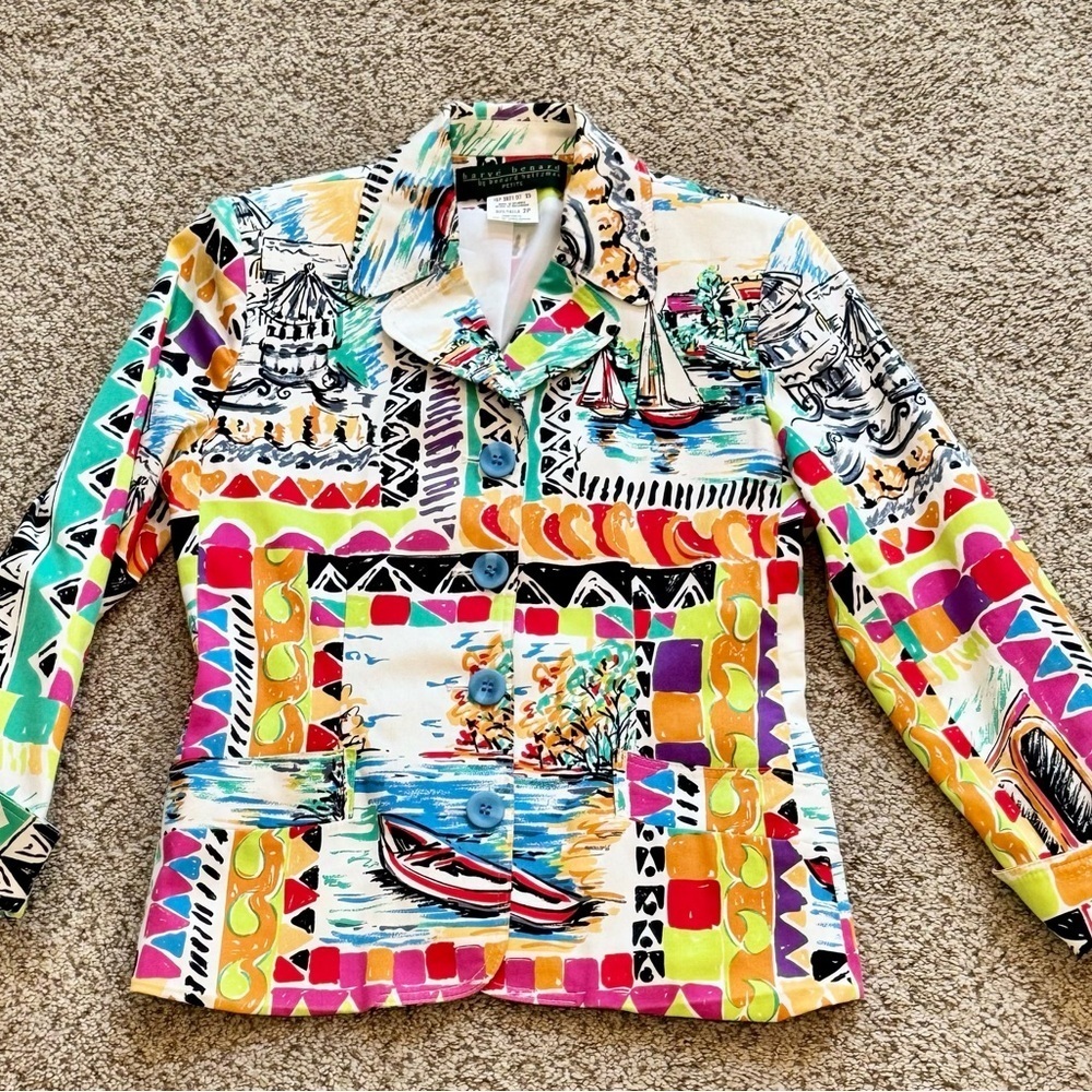 Harvé Benard Postcard Print Blazer Petite 2P Art To Wear Coastal Jacket Cruise